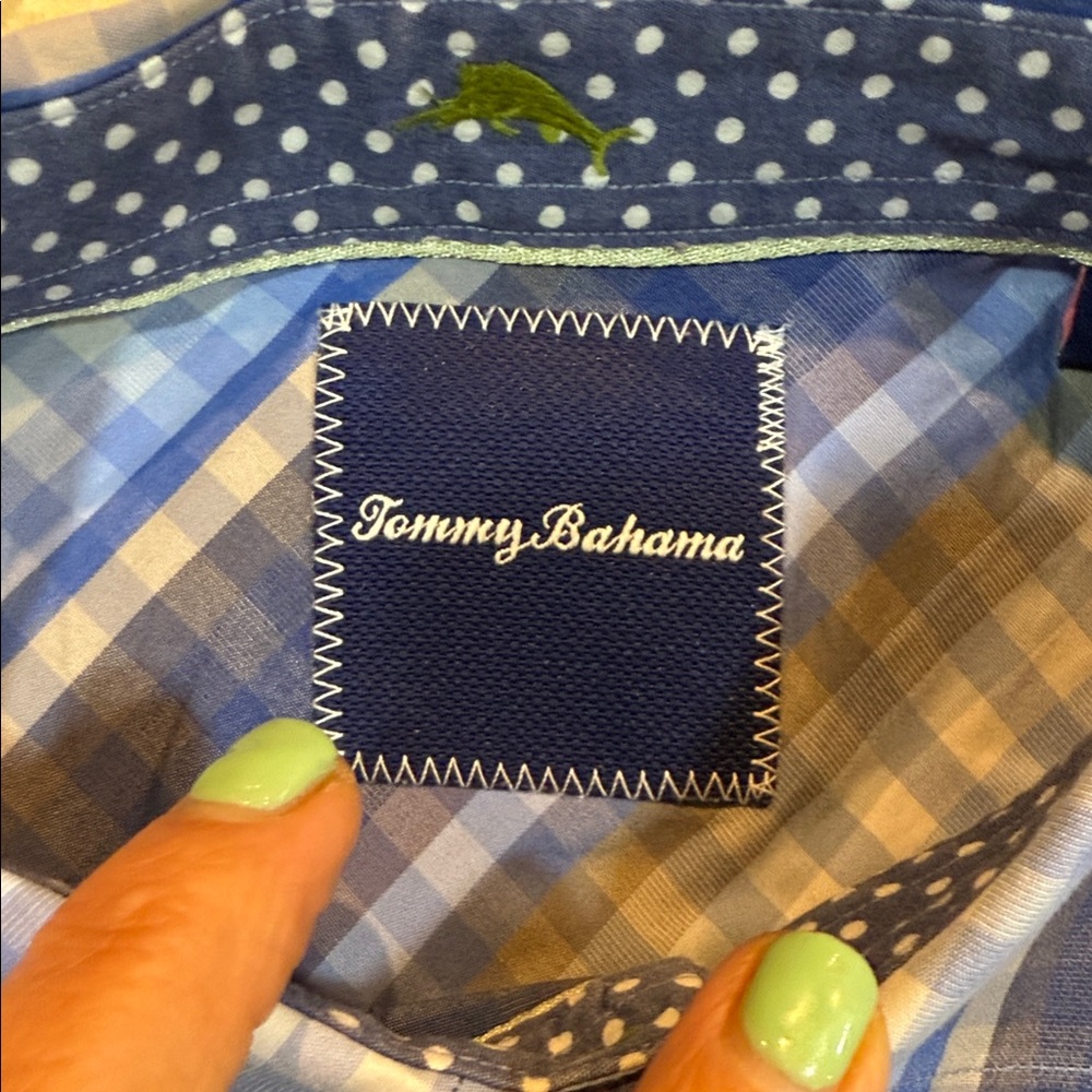 Tommy Bahama Men’s Striped long sleeve shirt polka dot cuffs blue/white Size S - Picture 2 of 12